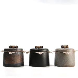 full view of vintage handmade airtight ceramic tea jar