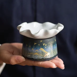 full set of vintage chinese porcelain loose leaf tea strainer with black patterned base