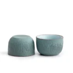 full set of two vintage green ceramic japanese teacups front view