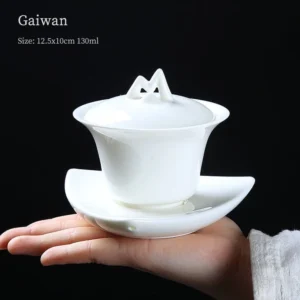 front view 130ml white ceramic gaiwan tea set with mountain lid
