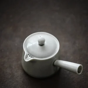 Overall view of complete 150ml white ceramic kyusu teapot set with teacups, tea tray, and tea canister