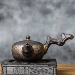 full side view of handcrafted withered wood ceramic kyusu teapot