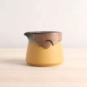Yellow ceramic Gong Dao Bei tea pitcher with wooden heatproof ring 200ml