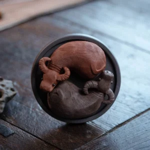 Handcrafted rotatable Yixing purple clay dual water buffalo tea pet with Bagua base