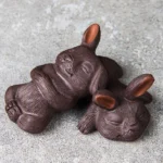 Main view of handcarved authentic Yixing zisha cute rabbit tea pet, natural deep brown finish