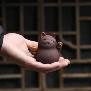 handmade yixing zisha lucky cat tea pet main view dark reddish brown