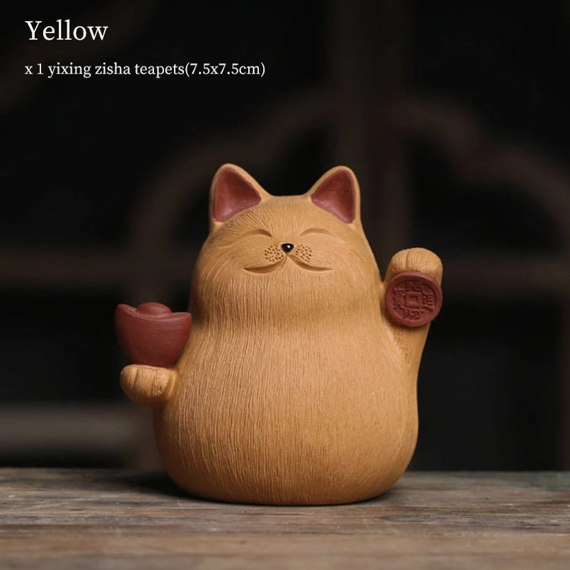yixing zisha lucky cat tea pet nurtured patina effect warm yellow