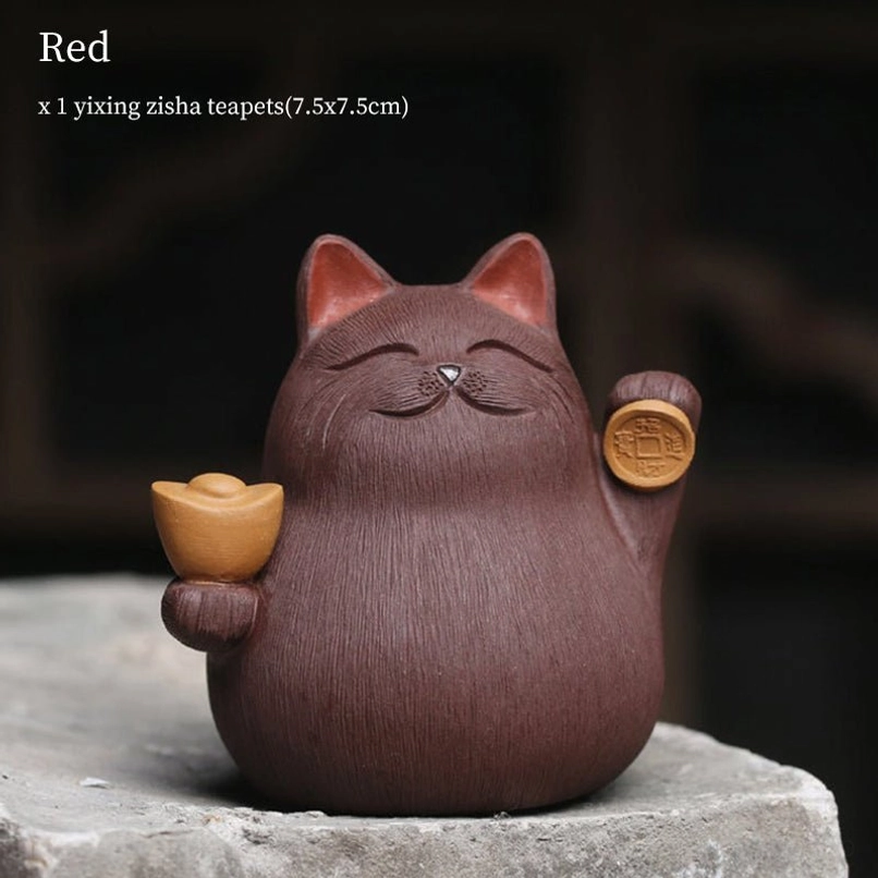 yixing zisha lucky cat tea pet side detail dark reddish brown