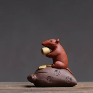 handmade yixing zisha lucky rat tea pet on tea tray with fortune ingot