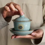 160ml zen ice crack ceramic gaiwan tea set with gold lotus motif